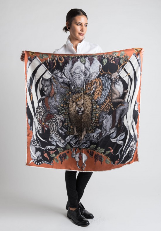 Sabina Savage Fauna Exotica Silk Scarf in Brick & Black