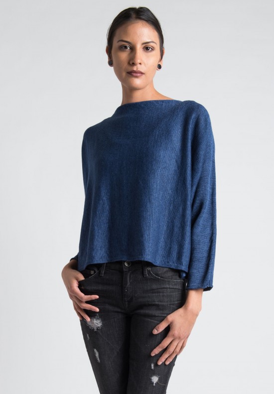 Eskandar Knitted Linen Scoop Neck Long Sleeve Sweater in Indigo