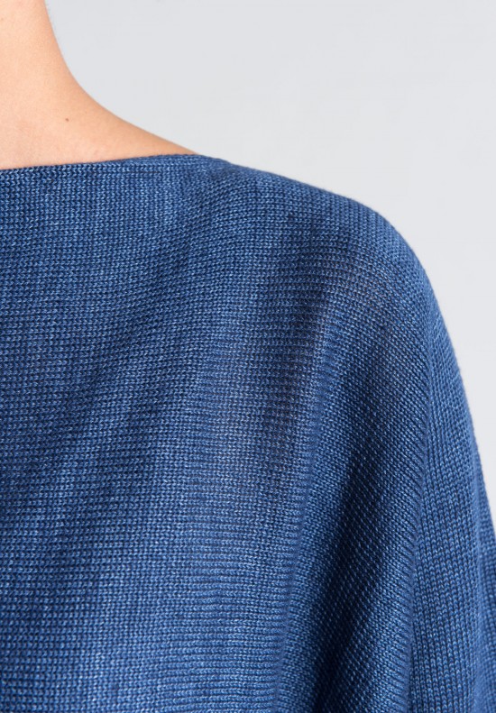 Eskandar Knitted Linen Scoop Neck Long Sleeve Sweater in Indigo