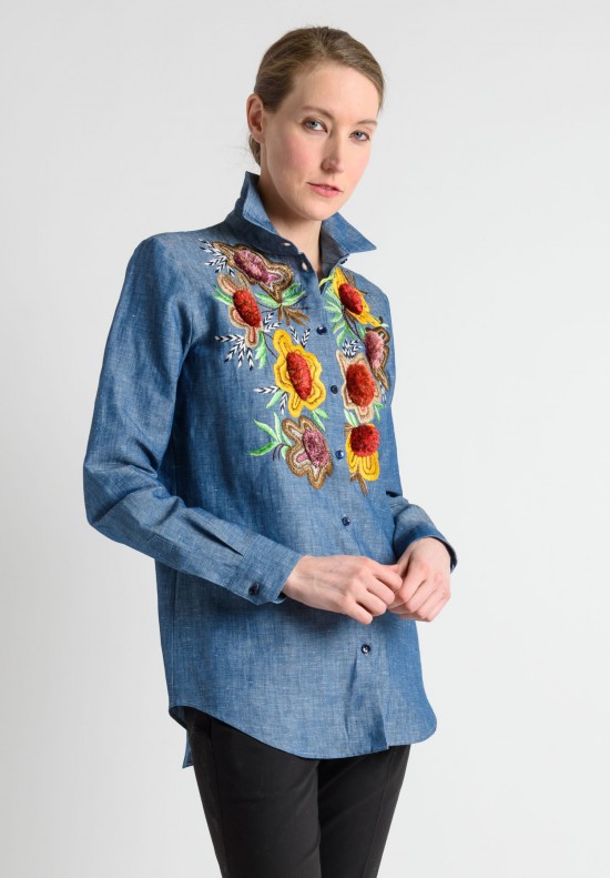 Etro Denim Hand Embroidered Floral Button Down Shirt in Denim Blue	