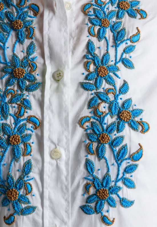Etro Hand Embroidered Blue Floral Button Down Shirt in White	