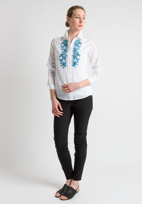Etro Hand Embroidered Blue Floral Button Down Shirt in White	