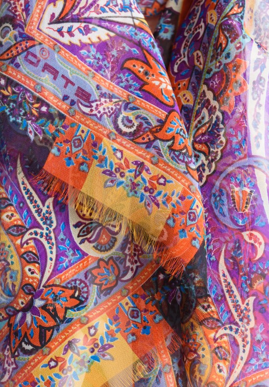 Etro Silk Paisley Print Scarf in Purple & Orange	