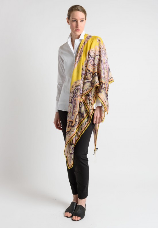 Etro Cashmere/Silk Square Paisley Print Scarf in Gold	