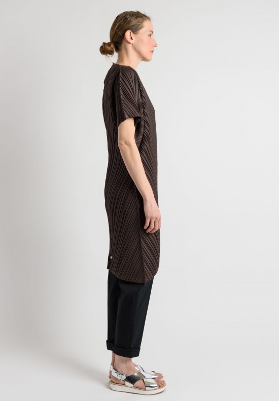 Issey Miyake Pleated Short Sleeve Tunic in Chocolate	