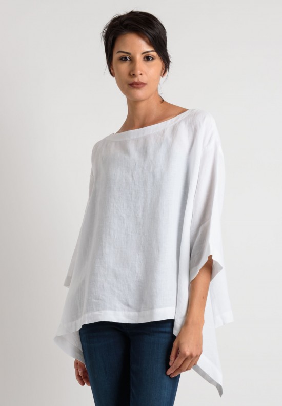 Eskandar Linen Bateau Neck Top in White	