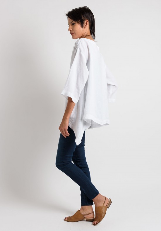 Eskandar Linen Bateau Neck Top in White	