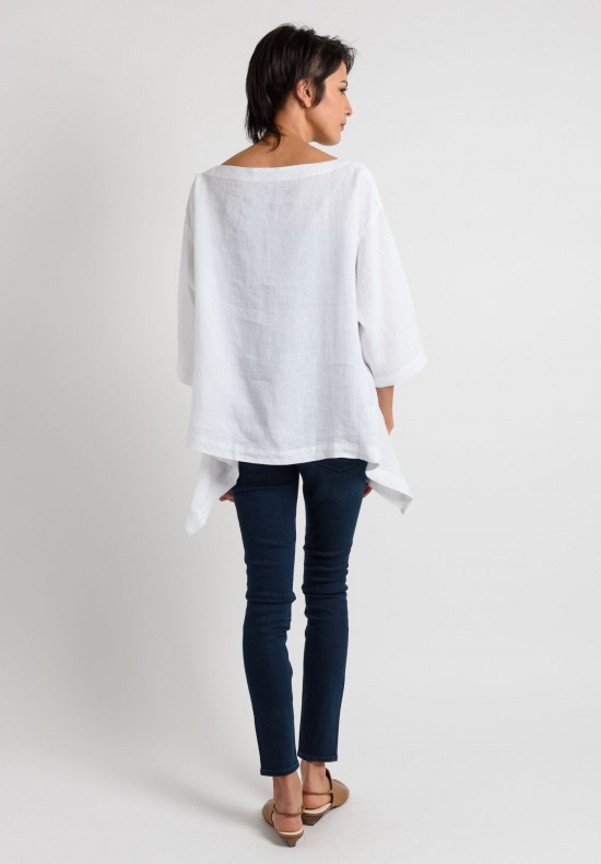 Eskandar Linen Bateau Neck Top in White	