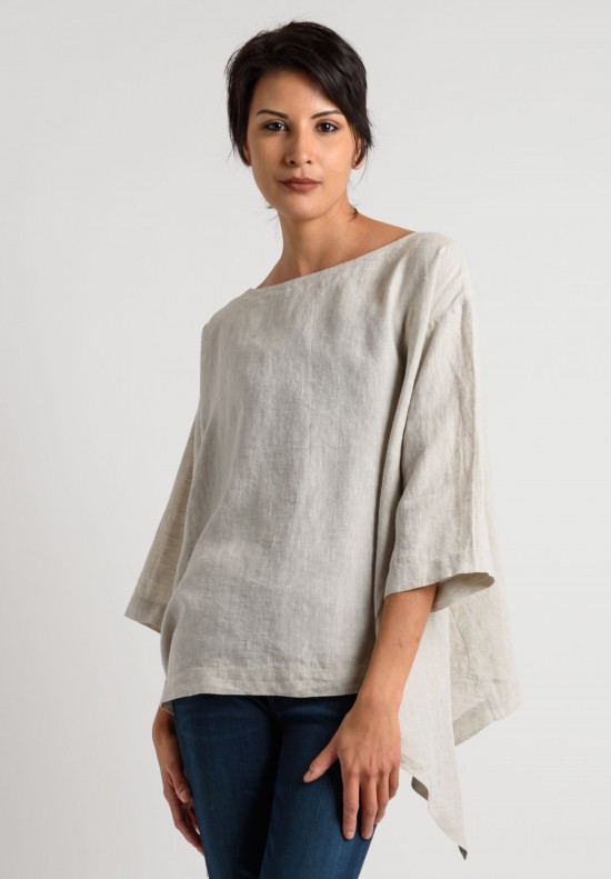 Eskandar Linen Bateau Neck Top in Oatmeal	