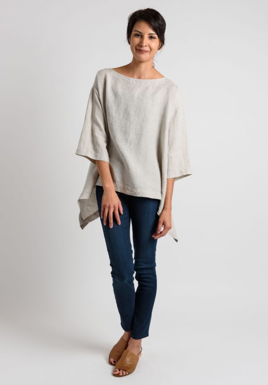 Eskandar Linen Bateau Neck Top in Oatmeal	