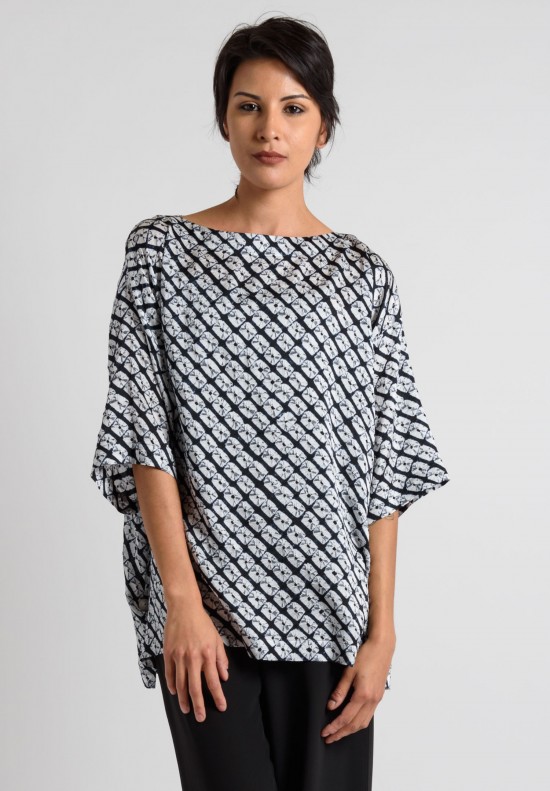 Eskandar Silk Short Sleeve Diamond Shibori Top in Indigo	