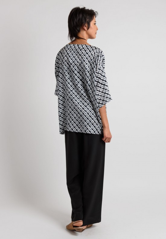 Eskandar Silk Short Sleeve Diamond Shibori Top in Indigo	