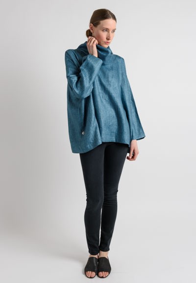 Eskandar Linen Cowl Neck Top in Teal	