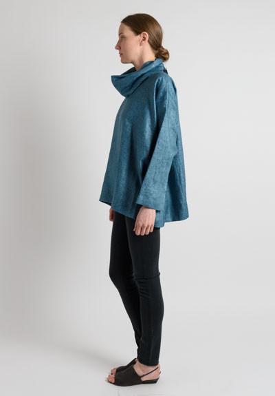 Eskandar Linen Cowl Neck Top in Teal	