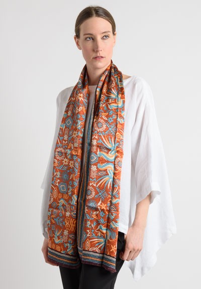 Pineda Covalin Silk Pre-Hispanic Print Long Scarf in Rust	