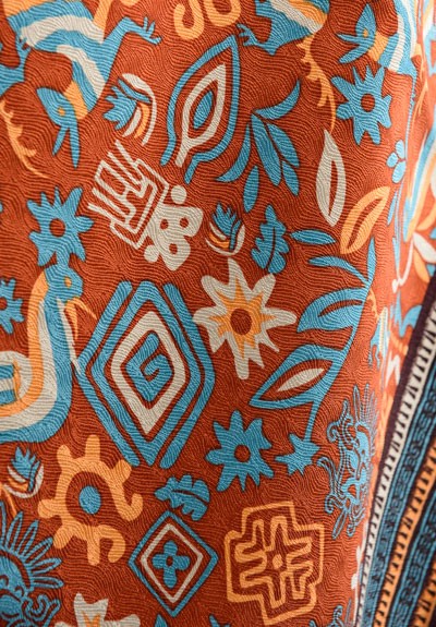 Pineda Covalin Silk Pre-Hispanic Print Long Scarf in Rust	