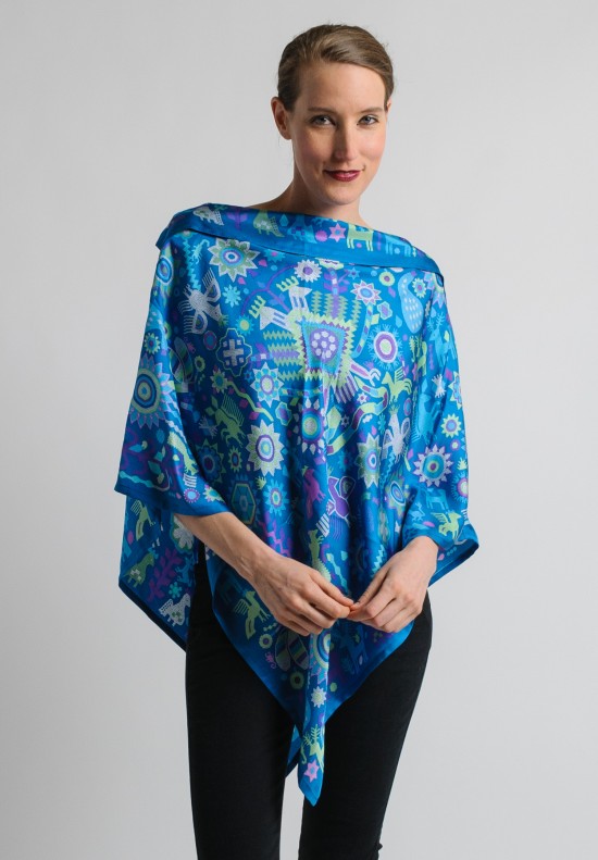 Pineda Covalin Huichol Spirit Silk Poncho in Teal	