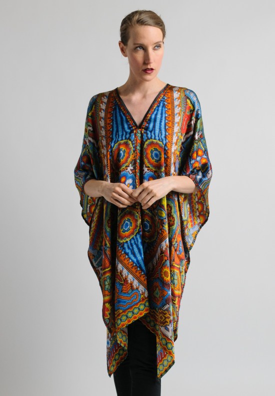 Pineda Covalin Huichol Spirit Silk V-Neck Poncho in Blue and Orange	