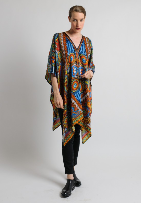 Pineda Covalin Huichol Spirit Silk V Neck Poncho in Blue and