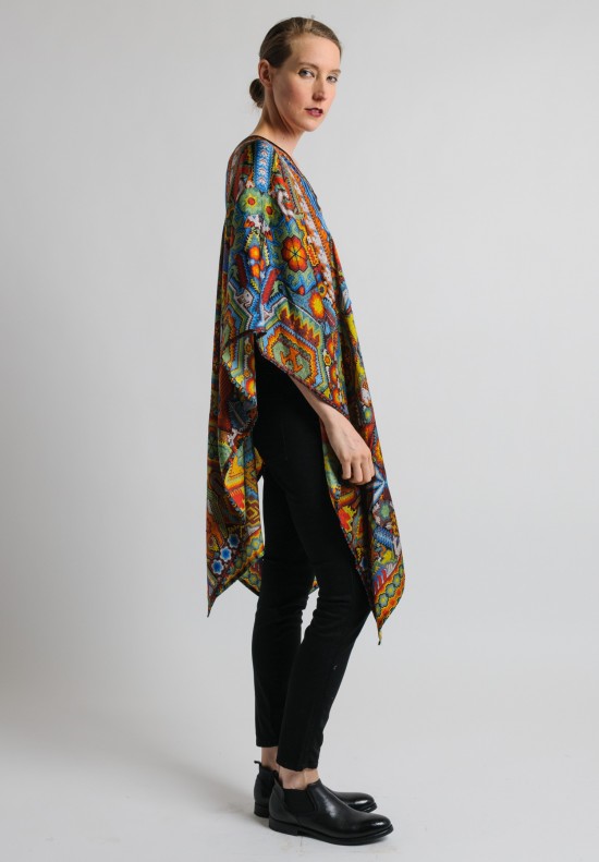 Pineda Covalin Huichol Spirit Silk V-Neck Poncho in Blue and Orange	