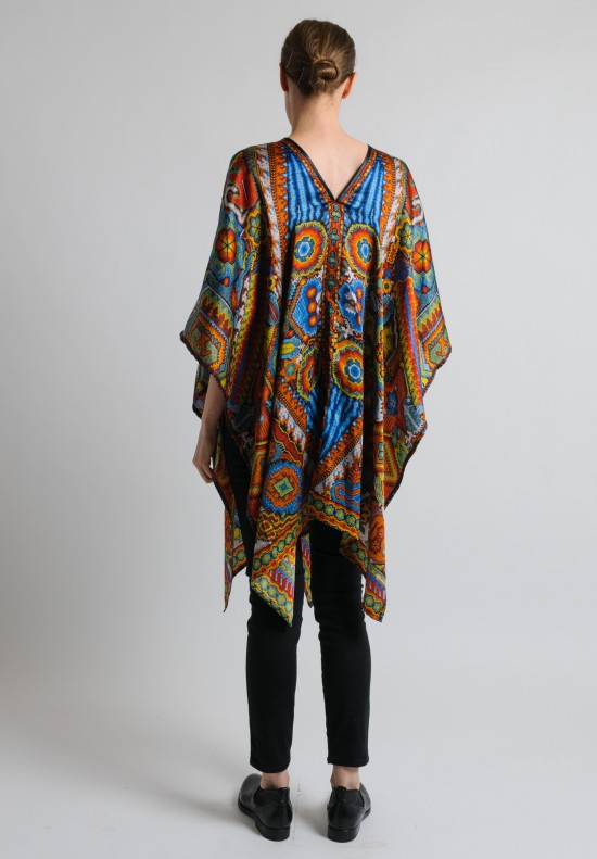 Pineda Covalin Huichol Spirit Silk V-Neck Poncho in Blue and Orange	