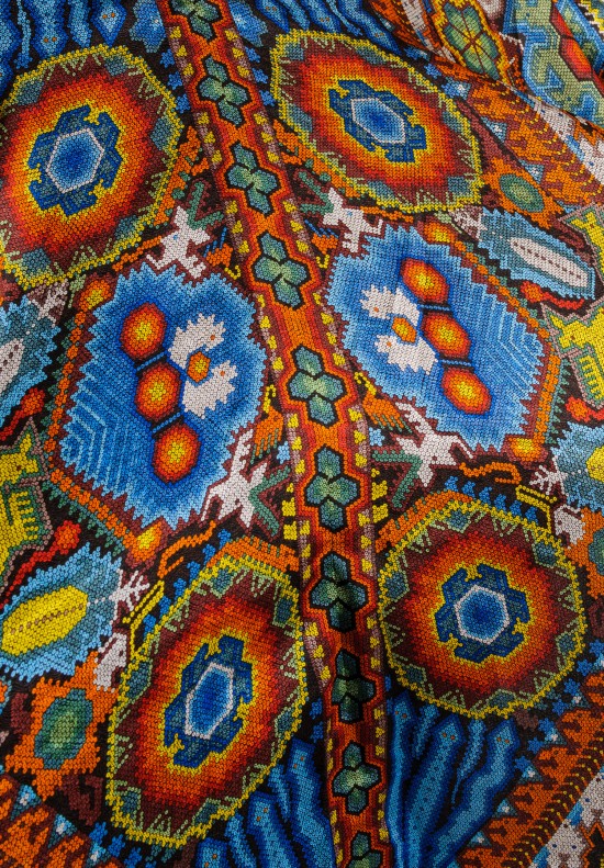 Pineda Covalin Huichol Spirit Silk V-Neck Poncho in Blue and Orange	