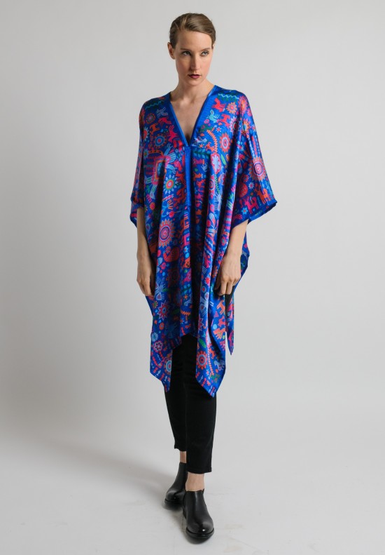 Pineda Covalin Huichol Spirit Silk V-Neck Poncho in Blue	