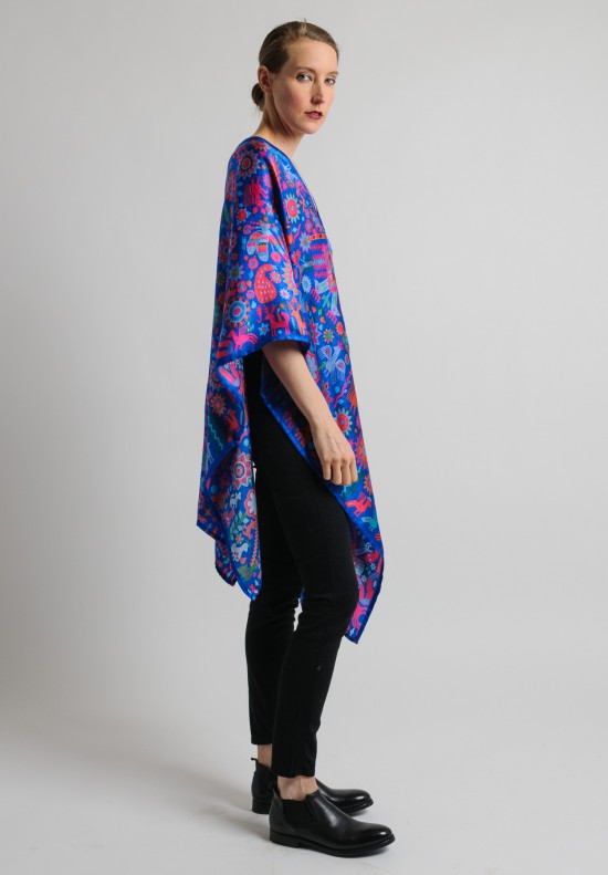 Pineda Covalin Huichol Spirit Silk V-Neck Poncho in Blue	