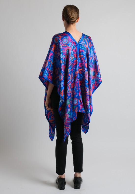 Pineda Covalin Huichol Spirit Silk V-Neck Poncho in Blue	