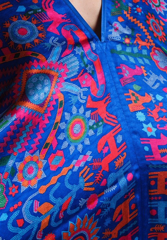 Pineda Covalin Huichol Spirit Silk V-Neck Poncho in Blue	