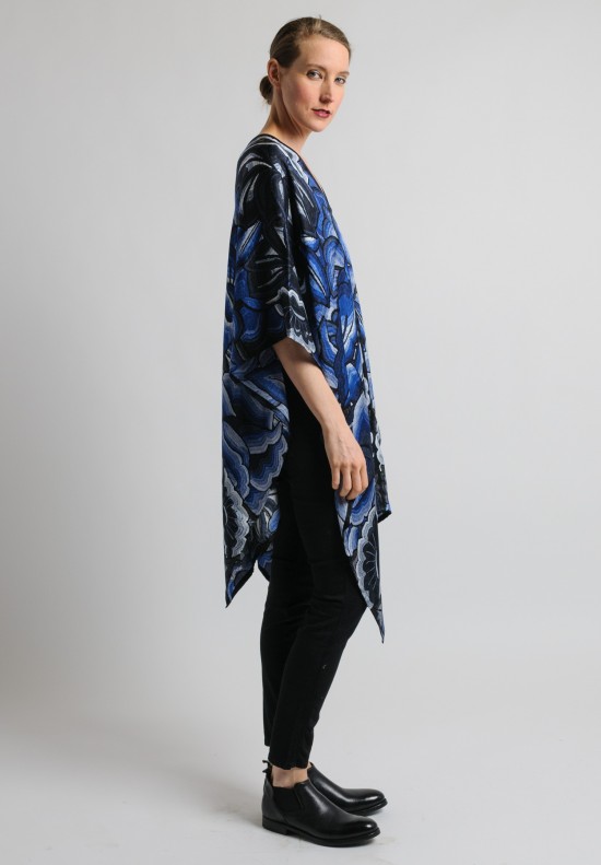 Pineda Covalin Istmo Silk V-Neck Poncho in Blue and Black	