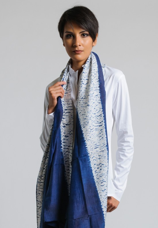 Living Blue Hand Dyed Wavy Shibori Scarf in Indigo	