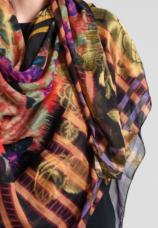 Etro Square Floral Scarf with Tassels in Black/Gold	