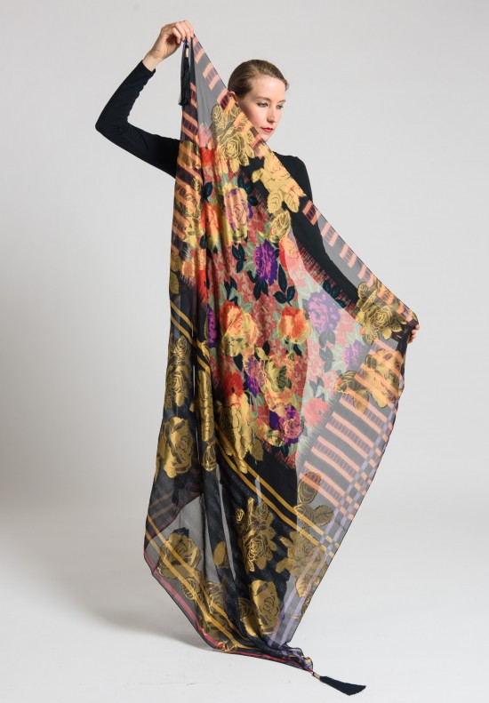 Etro Square Floral Scarf with Tassels in Black/Gold	