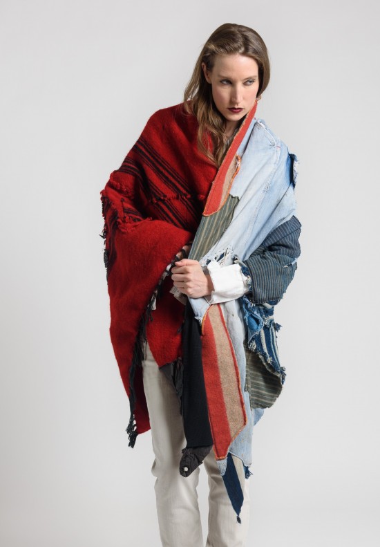 Greg Lauren Blanket Wrap in Red/Denim Blue	