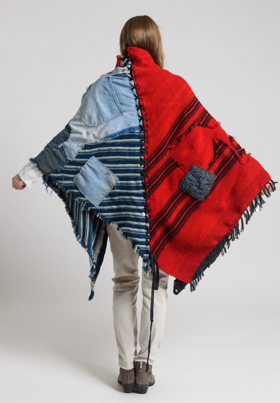 Greg Lauren Blanket Wrap in Red/Denim Blue	