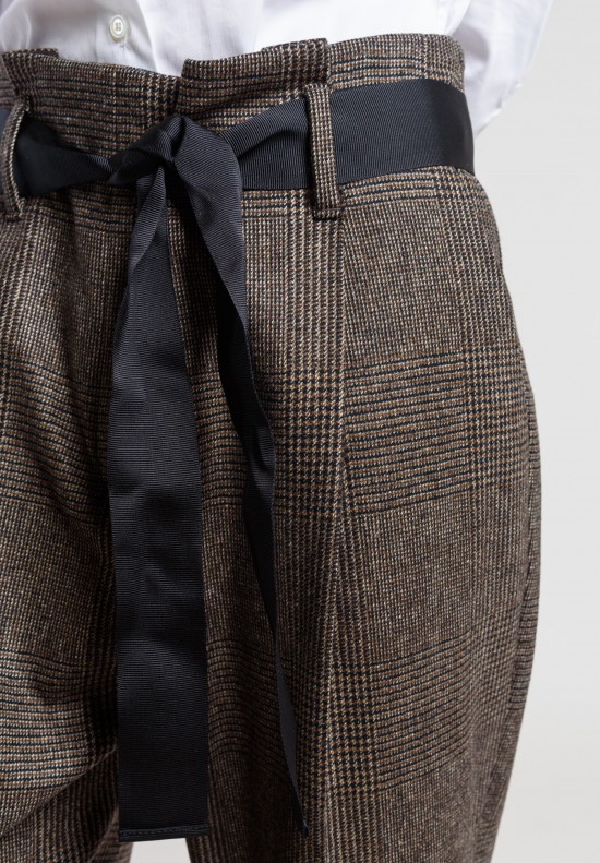 Brunello Cucinelli Tie Waist Cropped Trouser in Bark Plaid	