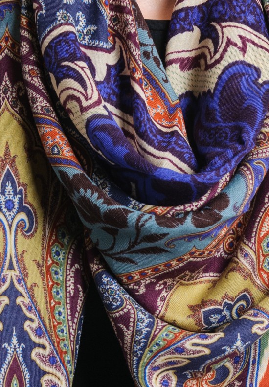 Etro Wool/Silk Large Square Paisley Scarf in Blue/Plum	