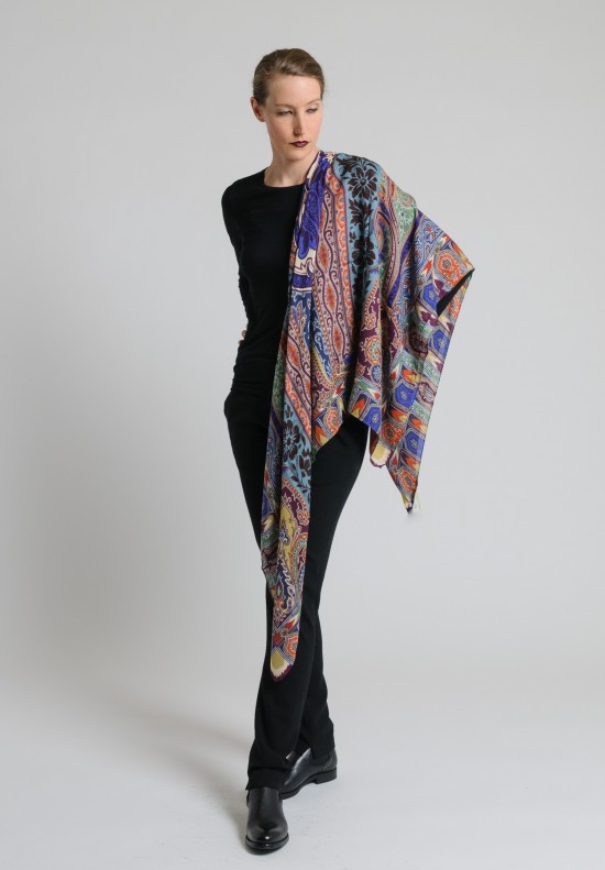 Etro Wool/Silk Large Square Paisley Scarf in Blue/Plum	