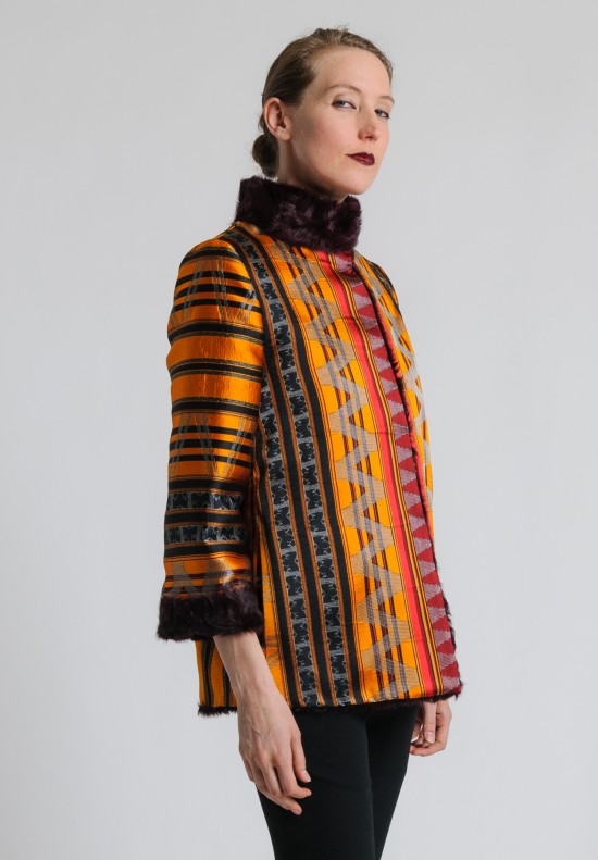 Etro Reversible Geometric & Aubergine Lamb Fur Coat in Orange/Purple	