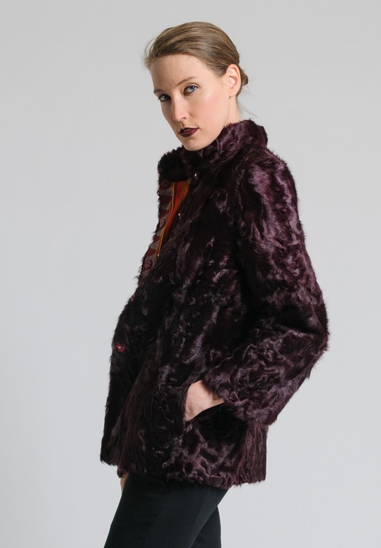 Etro Reversible Geometric & Aubergine Lamb Fur Coat in Orange/Purple	