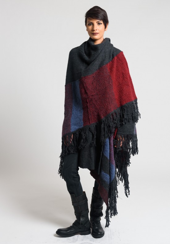 Casmari Patchwork Fringed Poncho in Charcoal/Selvage/Russet	