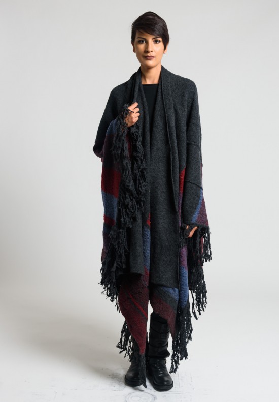 Casmari Patchwork Fringed Poncho in Charcoal/Selvage/Russet	