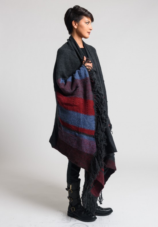 Casmari Patchwork Fringed Poncho in Charcoal/Selvage/Russet	