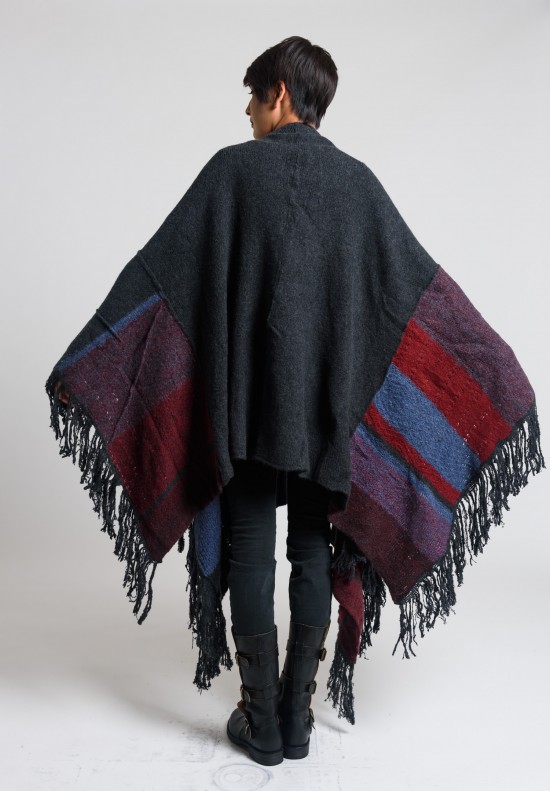 Casmari Patchwork Fringed Poncho in Charcoal/Selvage/Russet	