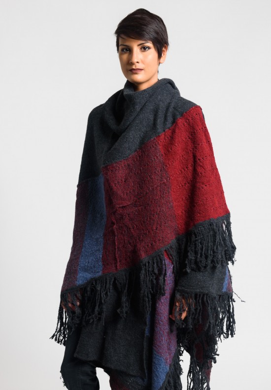 Casmari Patchwork Fringed Poncho in Charcoal/Selvage/Russet	