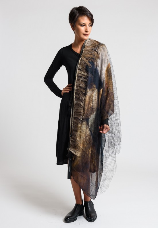 Rundholz Print, Mesh, and Feathers Scarf in Natural/Black	