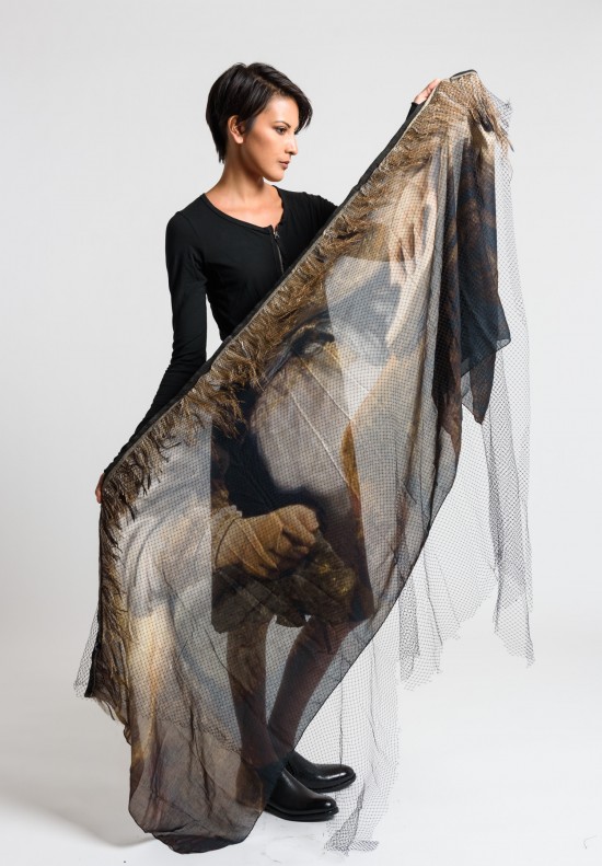 Rundholz Print, Mesh, and Feathers Scarf in Natural/Black	