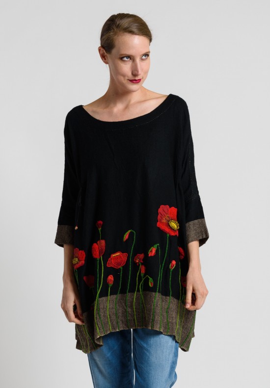 Péro Wool Beaded and Embroidered Poppies Tunic Dress in Black	