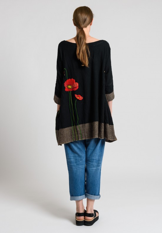Péro Wool Beaded and Embroidered Poppies Tunic Dress in Black	